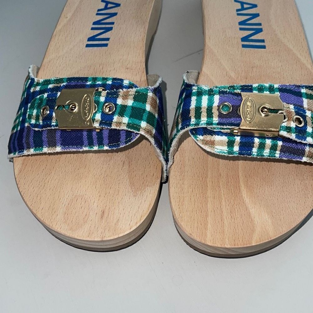 Ganni Dr Scholl’s Wooden‎ Clogs in Check Blue Iris Size 10 New - Picture 2 of 11
